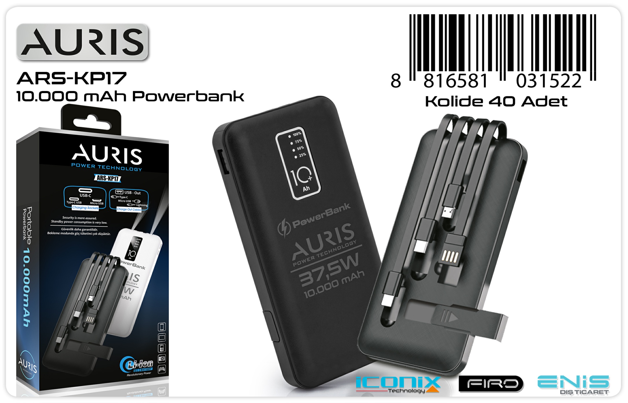 Auris KP17 10000 mAh Powerbank  Kablolu Taşınabilir Şarj Aleti